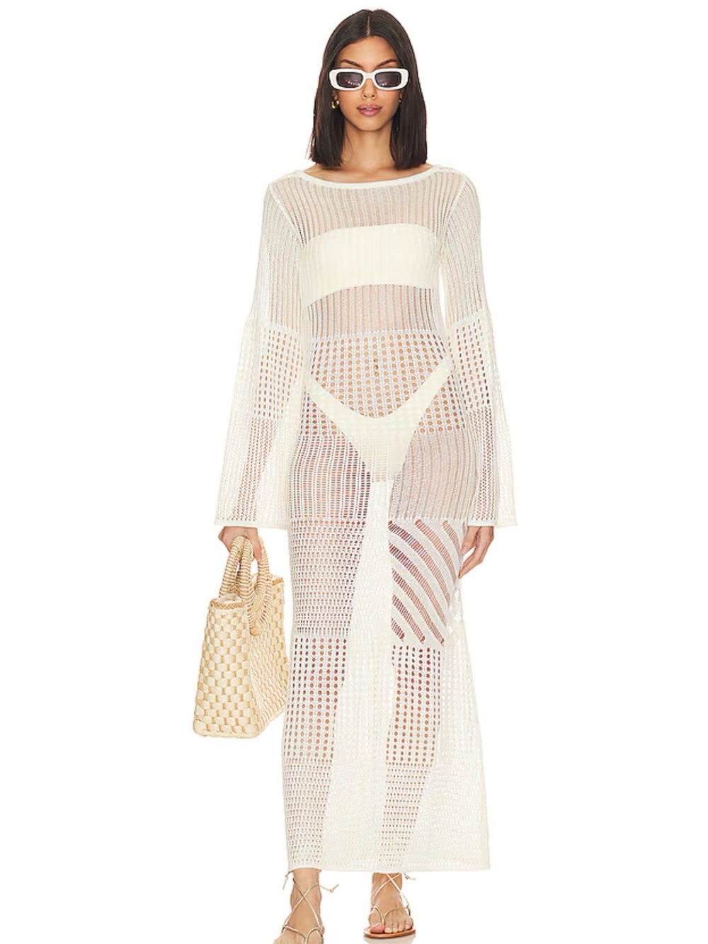 L'Academie Cream Sheer Crochet Maxi Swim Coverup